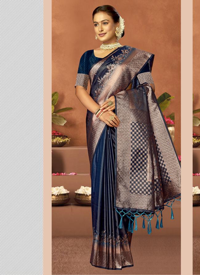 Sattin Silk Blue Wedding Wear Printed Saree